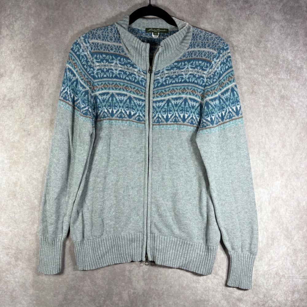 Eddie Bauer Sweater Women LP Gray Fair Isle Full Zip Nordic Cotton Blend Cabin